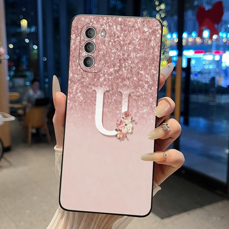 Phone Case For Motorola Moto G51 Initial Letter With Flower Shockproof Cover Bumper Silicone Jelly Black Case