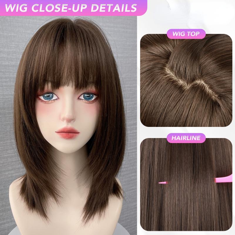 16-дюймовый коричневый парик с прямой челкой, синтетический парик из волокна, термостойкий, без бликов, натуральный косплей, шиньон для женщин, повседневное использование, корейская мода
