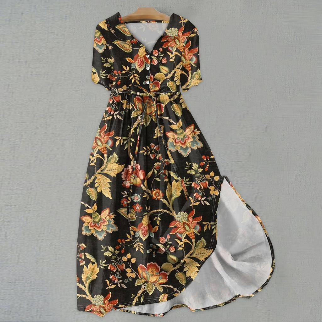 Женская мода повседневное платье с воротником с лацканами и короткими рукавами с принтом и ремнями