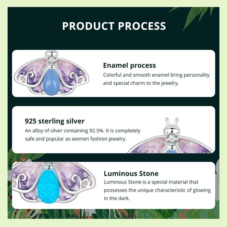 Bamoer 925 Sterling Silver Luminous Butterfly Beads Rainbow Enamel Insect Pendant Charms for Women Bracelet DIY Accessories