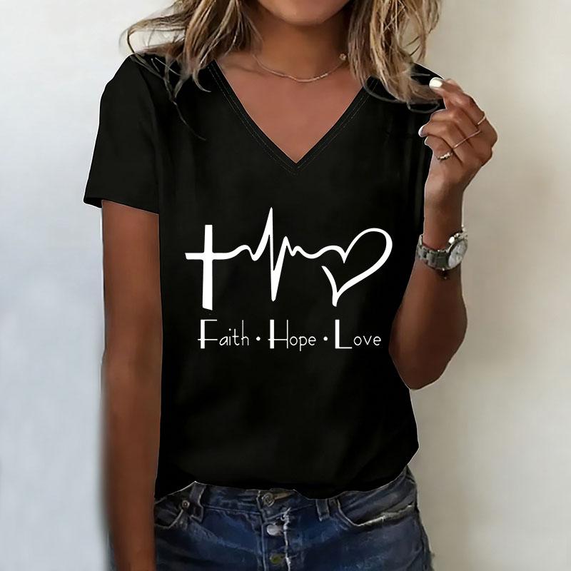 Футболка с V-образным вырезом Повседневная Мода Y2k FAITH HOPE LOVE С принтом Футболки Женские Короткий рукав Футболка с V-образным вырезом Летняя Весенняя