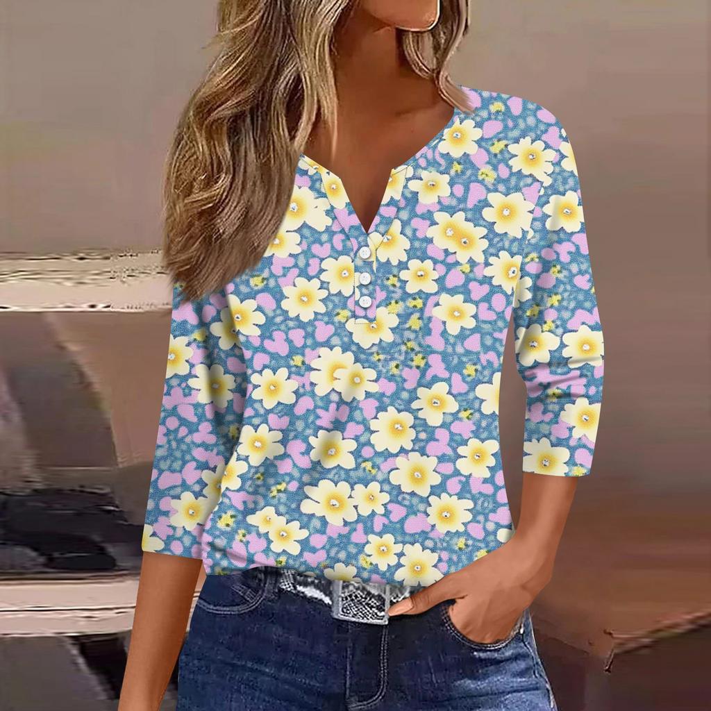 Women's T Shirt Tee Print Button 3/4 Sleeve Daily Weekend Fashion Basic V Neck Regular Top
