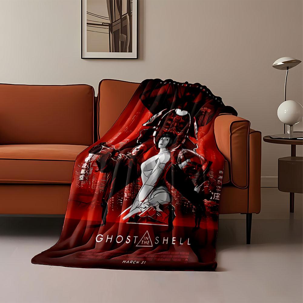 A futuristic, cyberpunk design with a central figure and red-black tones. for all seasons blanket lunch break throw gift