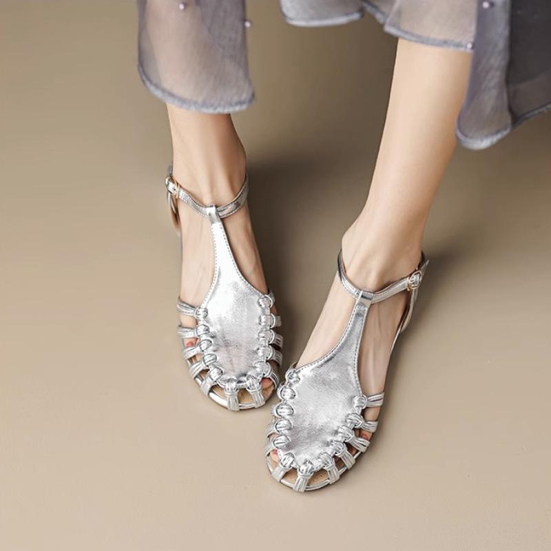 Мода 2024 женские босоножки из натуральной кожи с узким ремешком на низком каблуке официальные туфли серебряные свадебные туфли золотистые летние