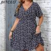 Женский летний сарафан большого размера с цветочным принтом, с короткими рукавами, запахом, V-образным вырезом, А-силуэта
