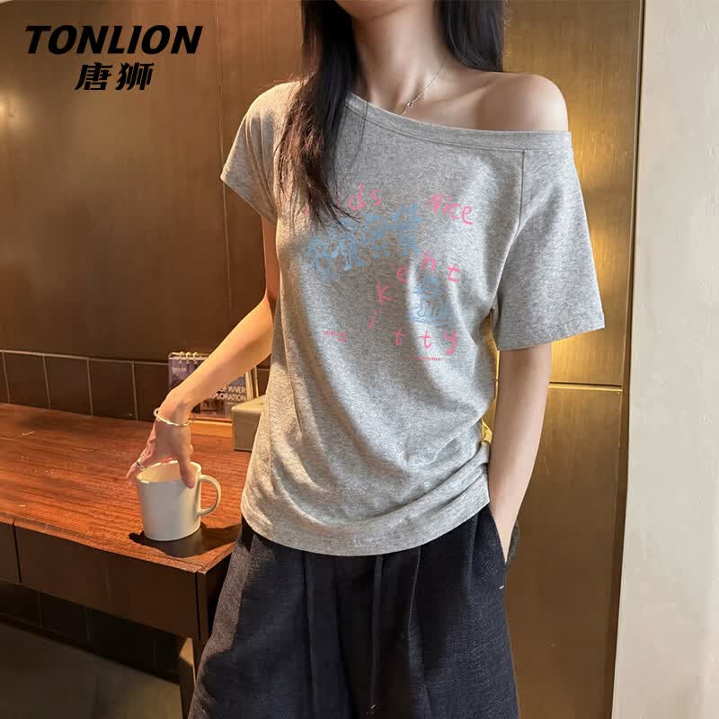 Женская простая футболка TonLion с рисунком кошки, с открытыми плечами