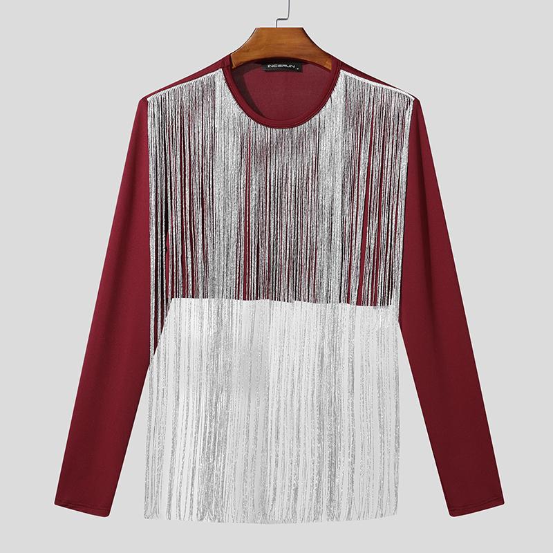 INCERUN Мужские футболки с круглым вырезом, кисточками спереди, в стиле пэчворк, с длинным рукавом, повседневные, укороченные