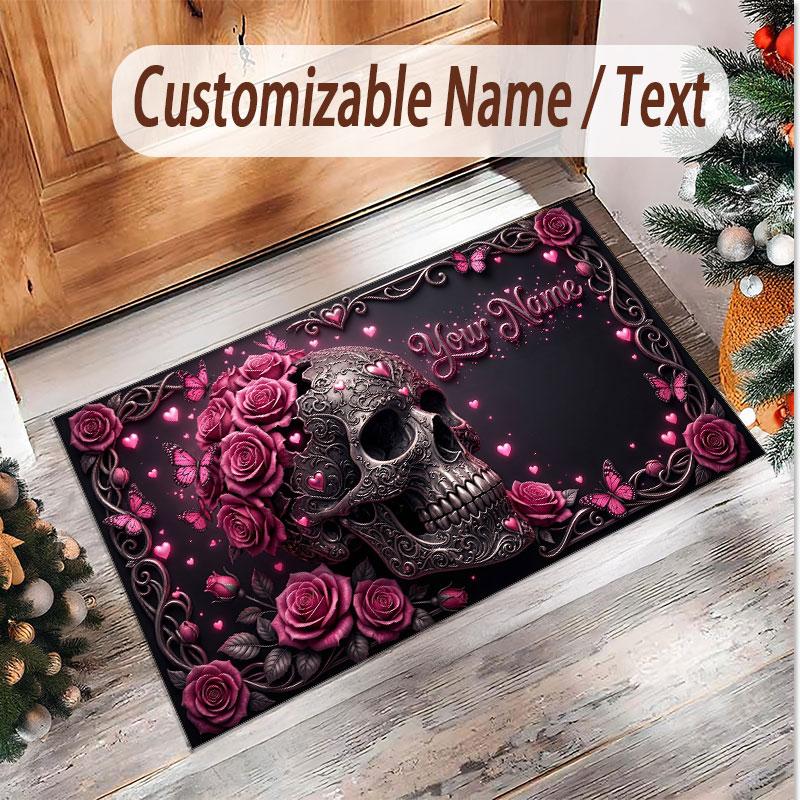 Skull Gothic Theme Soft Crystal Velvet Rug Custom Name & Text Print Non Slip Floor Rug for Bedroom Living Room