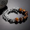 Classion Retro Natural Stone Tiger Eye Agate Strand Bracelet for Men Women Stainless Steel Cuban Chain Strand Beads Bangle Charm Jewelry Bracelet
