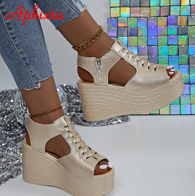 Aphixta Summer 9cm High Wedge Heel Platform Sandals Woman Sandals Gold Upper Women Zip Summer Shoes Peep Toe Sandals Big Size 43