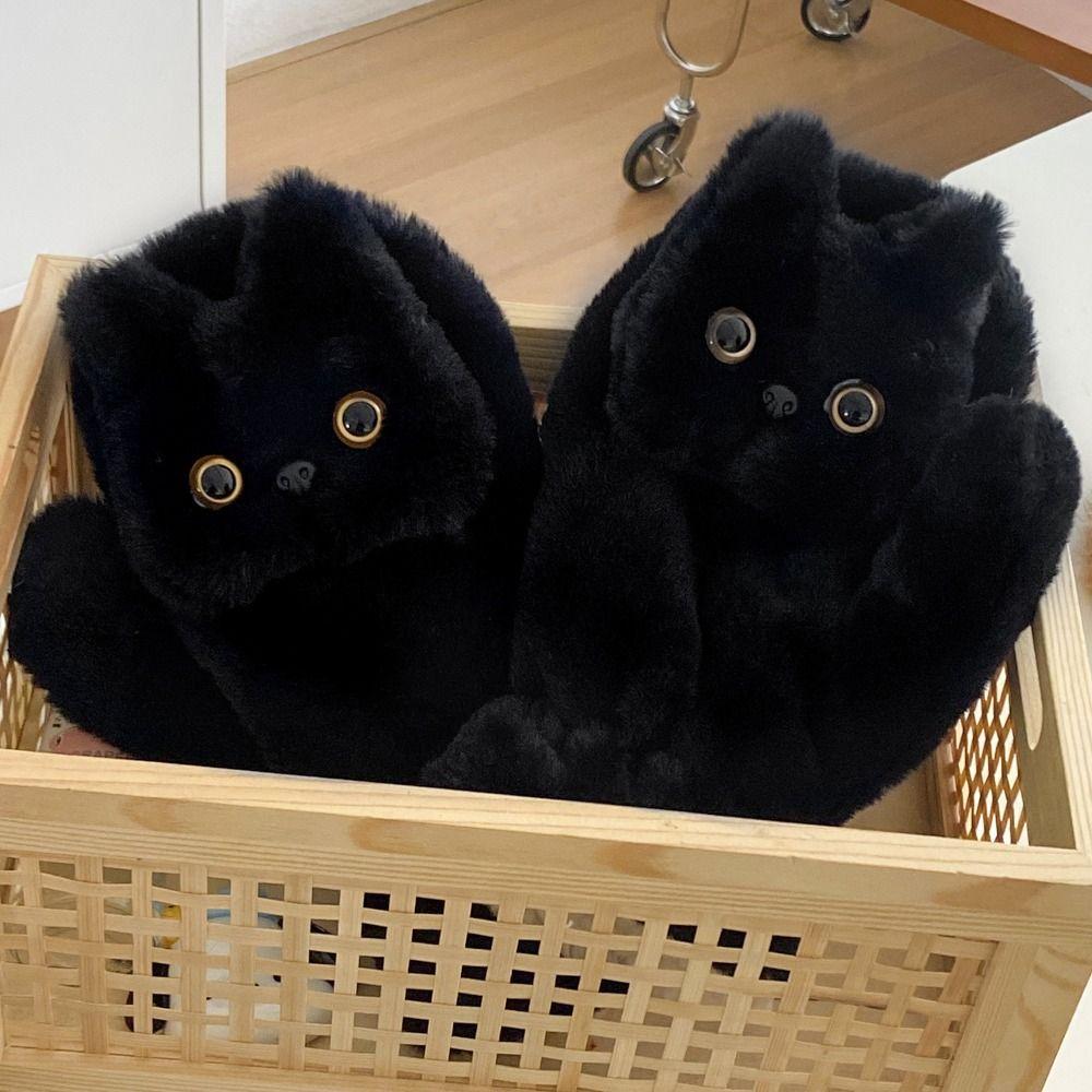 Cartoon Black Cat Fur Gloves Cute Cat Halter Gloves Soft Kitty Mitten  Riding
