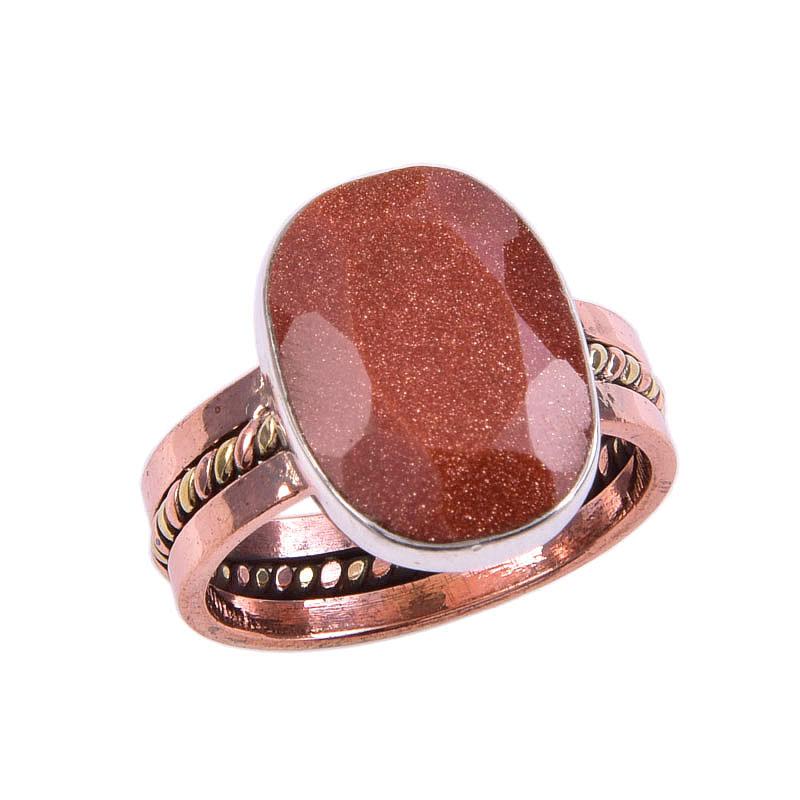 Natural Sunstone Gemstone 925 Solid Sterling Silver Two Tone Ring Size 8.5 H9k61