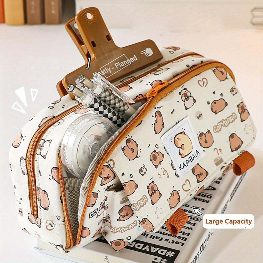 Мультяшная трехслойная сумка для ручек Capybara Большая вместительная канцелярская сумка Многофункциональный пенал для мальчиков/девочек