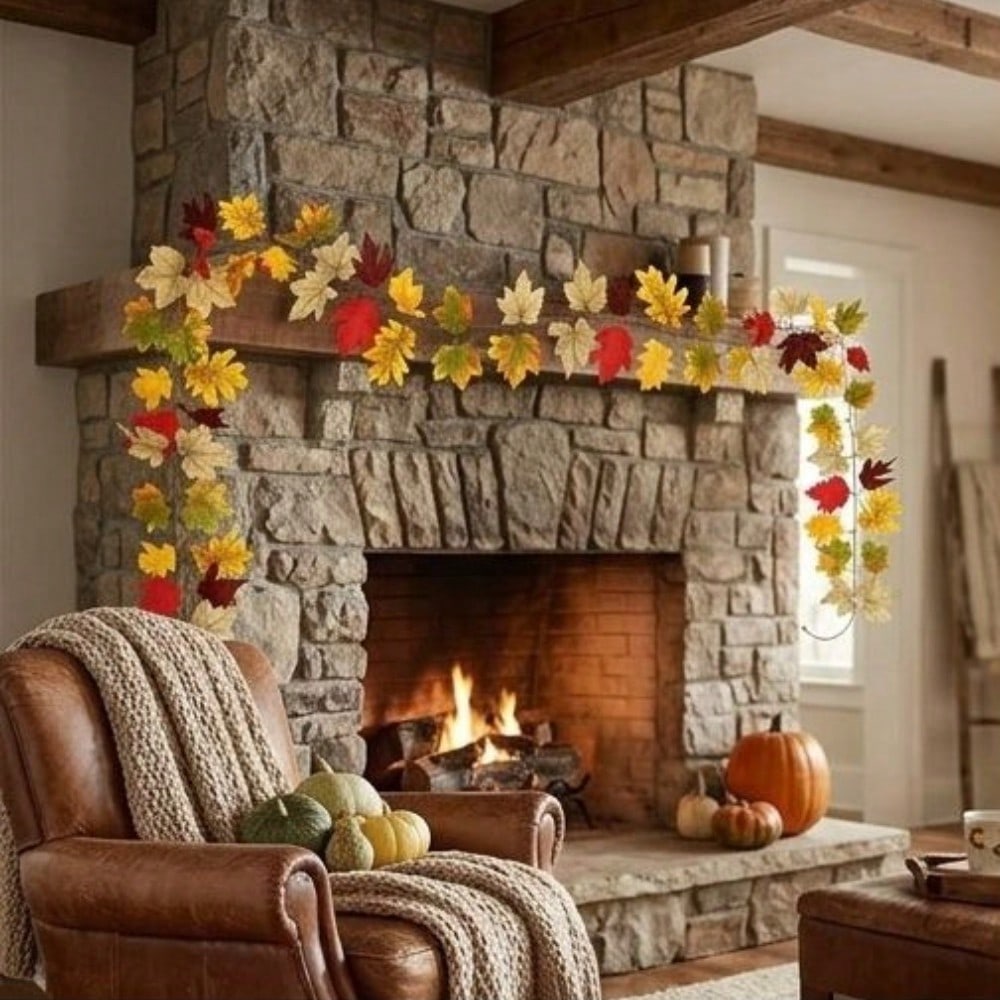 2Pcs Fall Artificial Maple Leaf Wreath—Harvest Festival, Thanksgiving, and Halloween Decorations; Artificial Maple Leaves and Vine; Outdoor Garden