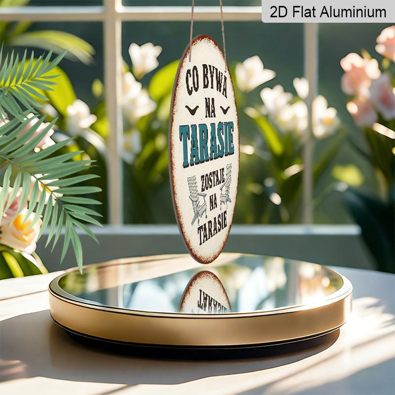 2D Flat - 1pc 7.87x7.87 inch Round Polish Aluminum Sign | "Co Bywa Na Tarasie" Vintage Bohemian Garden Decor Plaque with Rustic Chairs & Sunset