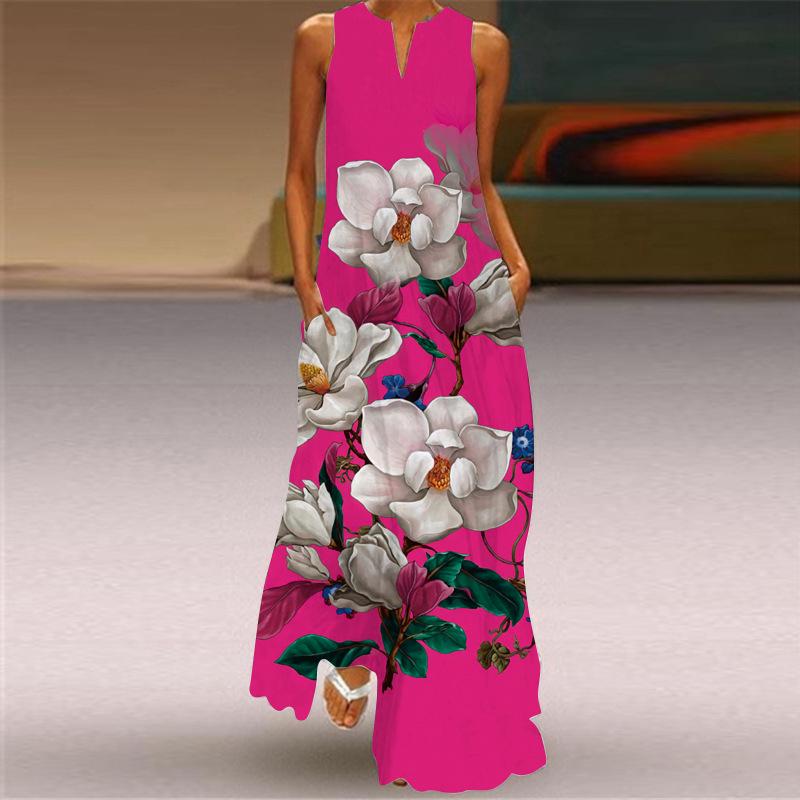 2024 Retro Printed V-Neck Sleeveless Maxi Dress with Pockets - Multicolor