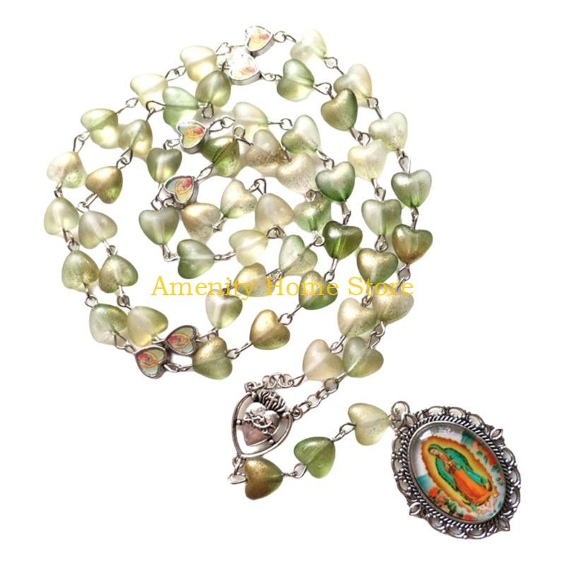 F26C Vintage Hollowed Out Rose Heart Beads Rosary Necklace Christian Prayer Fashion Jewelry Accessories for Stylish Women Men