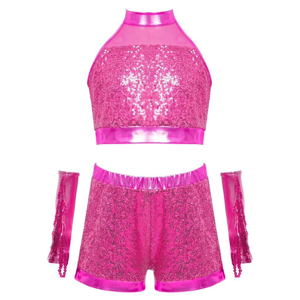 Girls Shiny Sequin Crop Top Keyhole Back Sleeveless Shorts Metallic Gloves Tassels Stage Costume