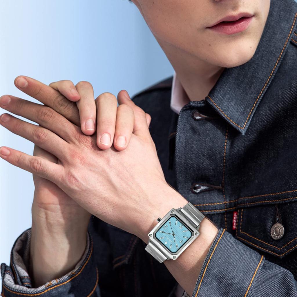 AKNIGHT Популярные часы с текстурированным циферблатом-жалюзи, водонепроницаемые, аналоговые, кварцевые, деловые, с секундной стрелкой, из нержавеющей стали, подарок на день, мужские, с большим легко читаемым квадратным циферблатом