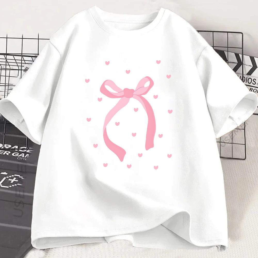 Sweet Ribbon Bowknot Graphic Tshirt Aesthetic Heart Print Tee Summer Fashion Short Sleeve Harajuku Style Top For Girls