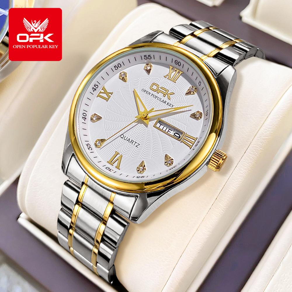 OPK 8103 Men's Calendar Week Quartz Watch Steel Belt Waterproof