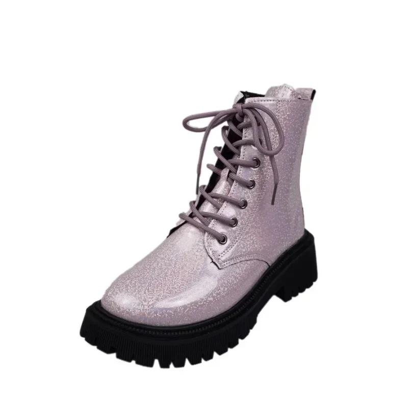 Fashion PU Square Heel  Ankle Boots  Autumn New Shoes Female Lace-up Round Toe Low Heel Solid Women's Boots  Women Shoes