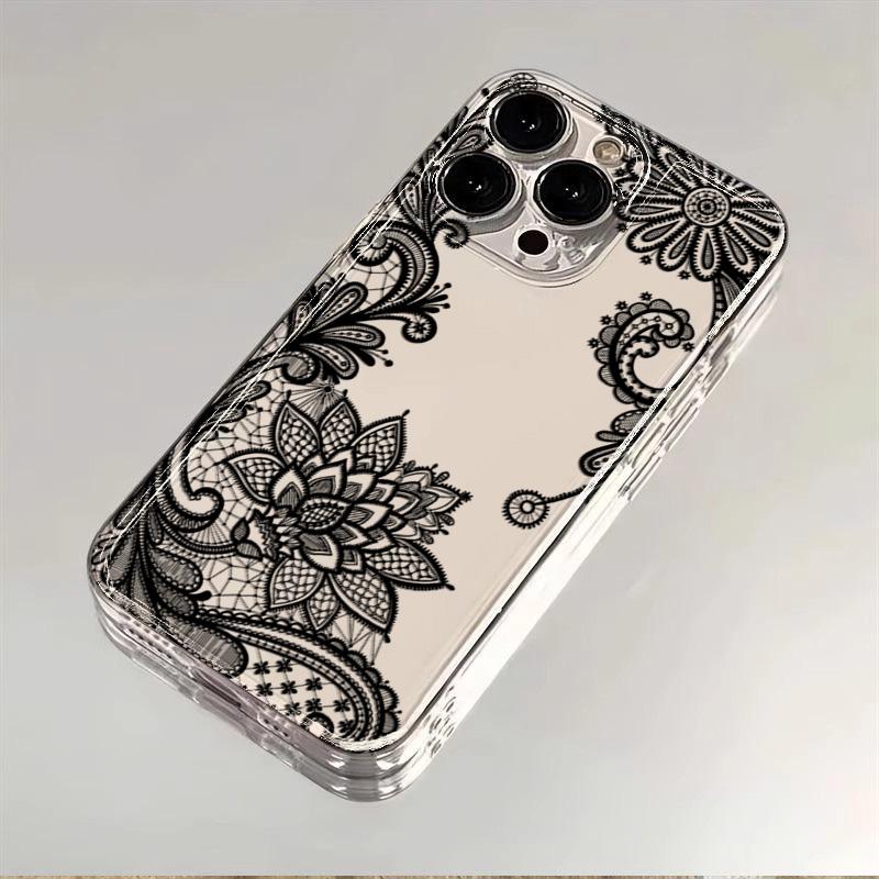 Модный Черный Чехол Для Телефона С Цветочным Узором Из Кружева Для iPhone 17 16 15 14 Pro 17 Air 13 12 11 Max Mini 7 8 Plus XR XS Мягкий Прозрачный Чехол