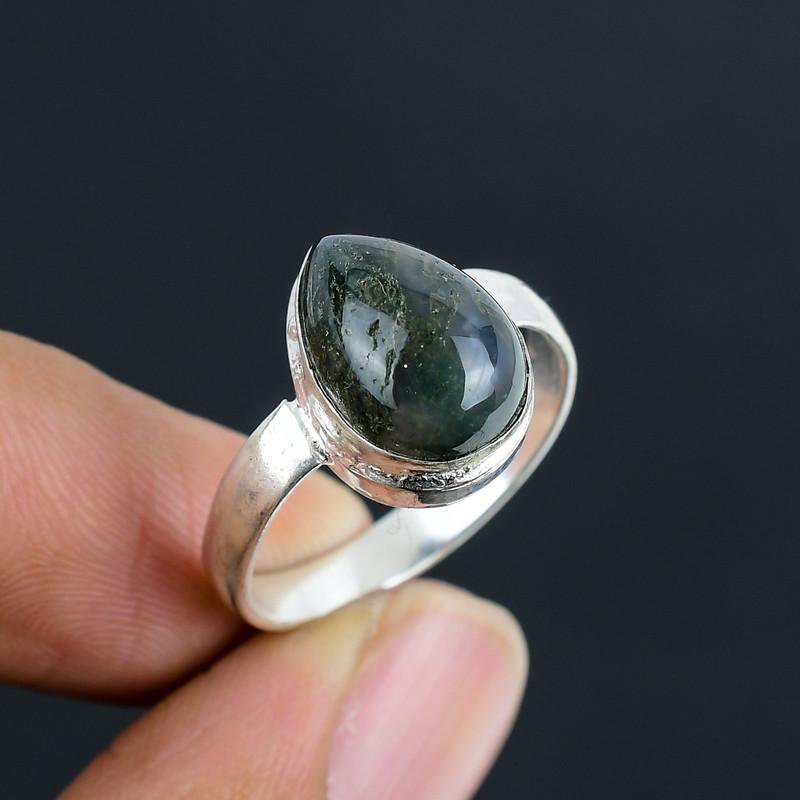 Natural Moss Agate Pear Cabochon HandCrafted Stone Fine Polished 925 Sterling Silver Ring with Unique Design Gift for Wedding Engagement