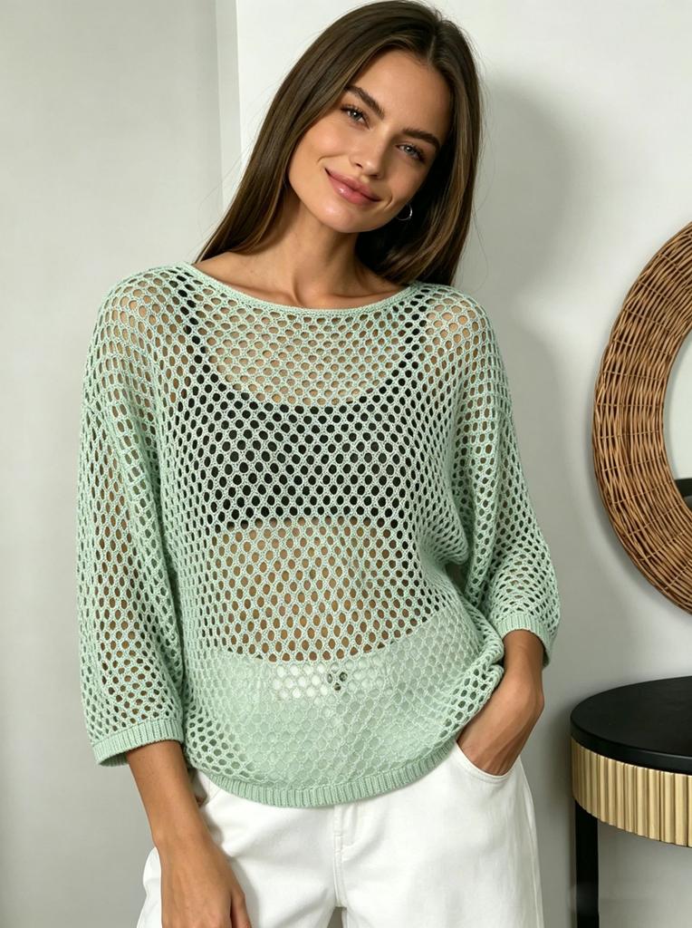 Summer New Women's Hollow Out Cover Up Soft Loose Long Sleeve Knit Top Ins Style Lightweight Breathable Beach Sun Protection Cardigan
