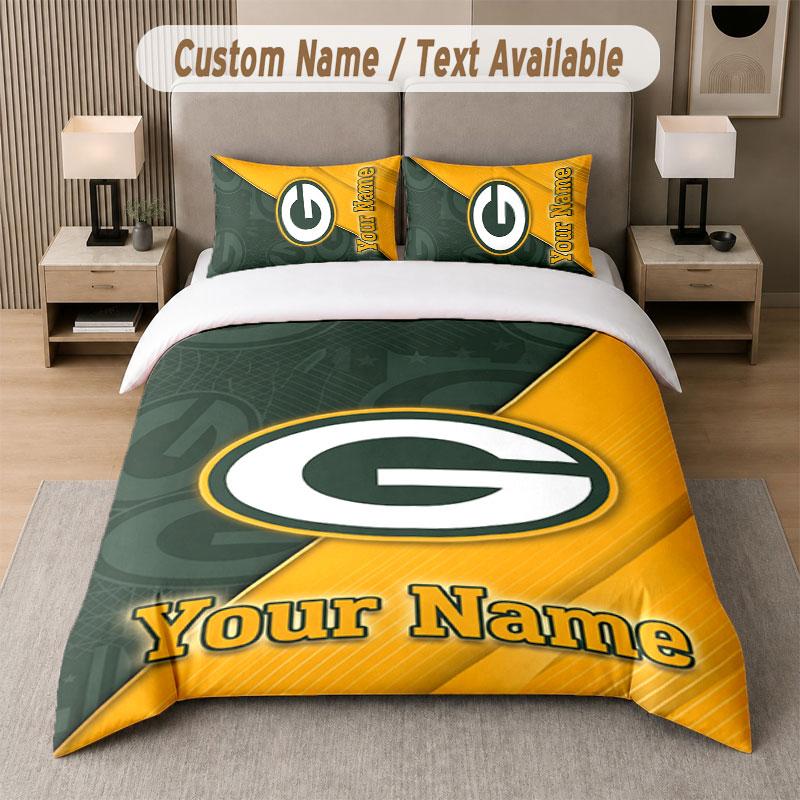 Custom Bedding Set Green Bay Packers Pattern, Print Name Text 1 Duvet Cover plus 2 Pillowcases Home Textile