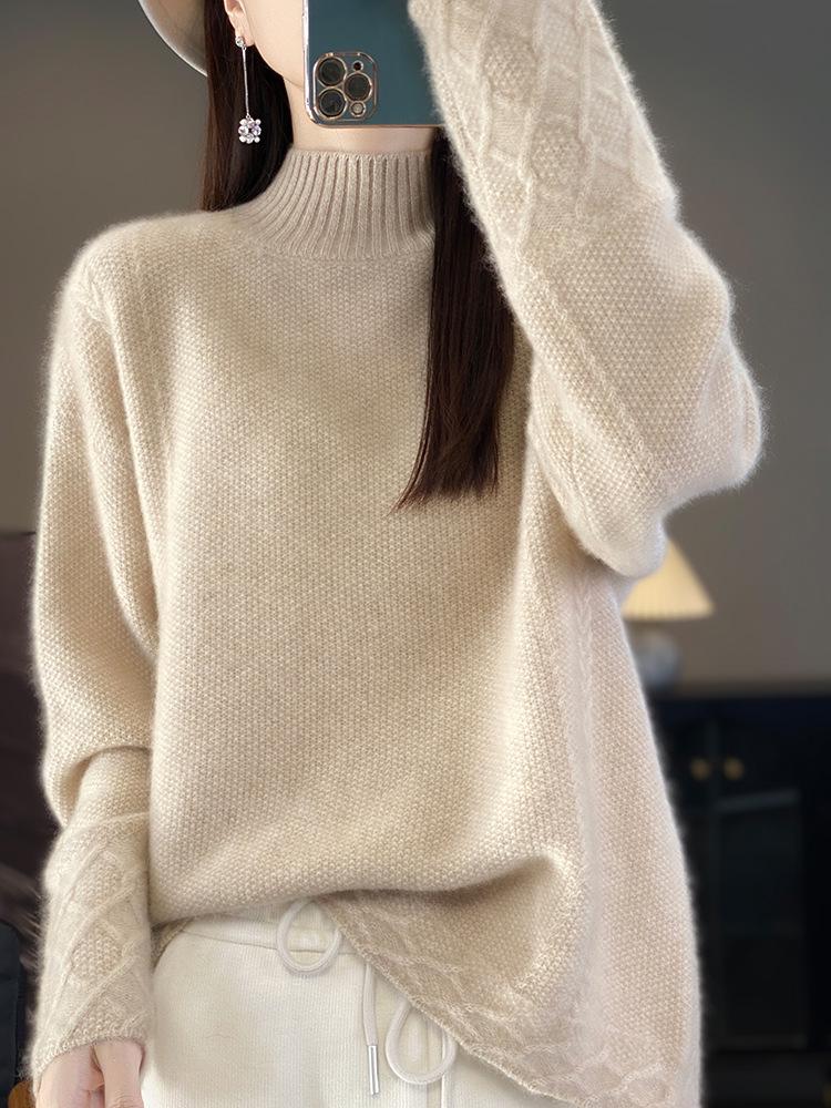 Women's Pure Wool Half-High Collar Sweater, Loose Fit, Cashmere Base Layer, Retro Jacquard Knit Pullover