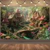 2D Magical Fairy Village Backdrop with Mushroom Houses for Kids Photography Background