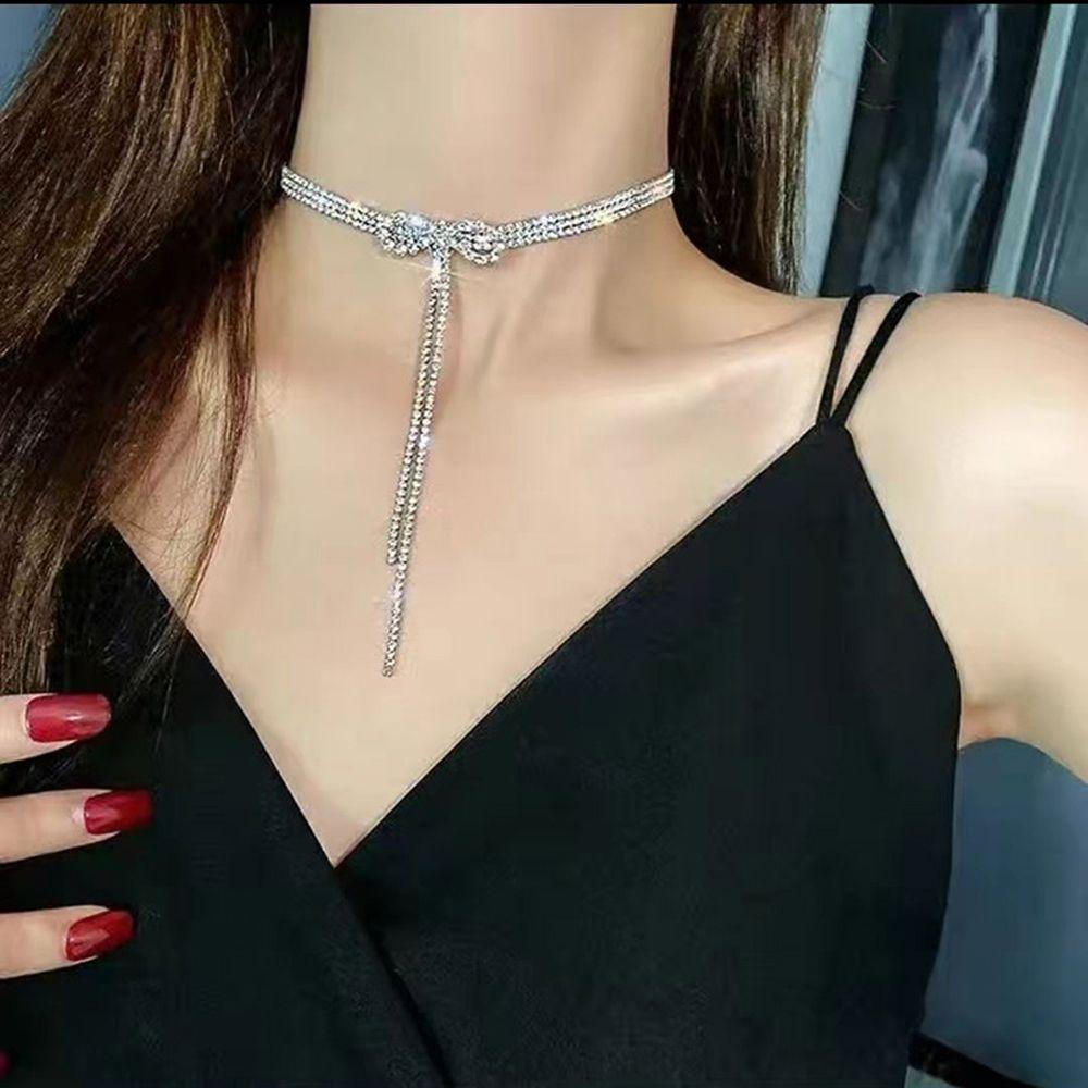 Party Trendy Chain Zircon Tassel Bow Woman Clavicle Choker Korean Necklace Neck Jewelry Crystal