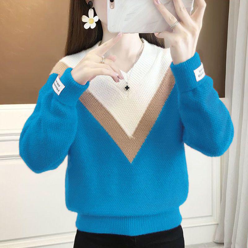 Women Knitted Sweater Autumn and Winter Colorblocking V-Neck Long Sleeve Knit Sweater Thickened Knit Jumper