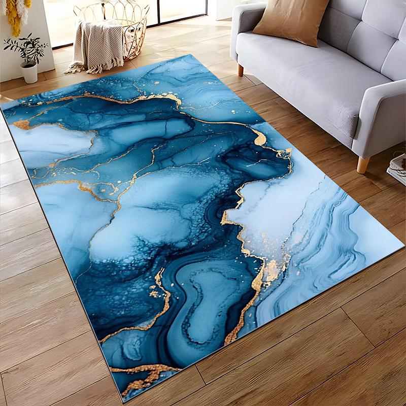 Blue and Gold Marble Pattern Abstract Rug Non-slip rug suitable for living room and bedroom sofas.
