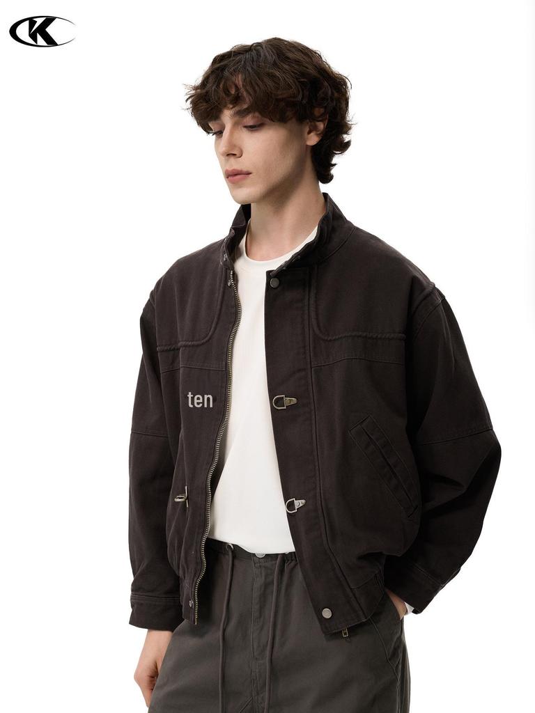 Унисекс Ретро Темно-коричневая куртка с авиационной пряжкой 11KN: Стирка, Потертый, Верхняя одежда с коротким воротником-стойкой