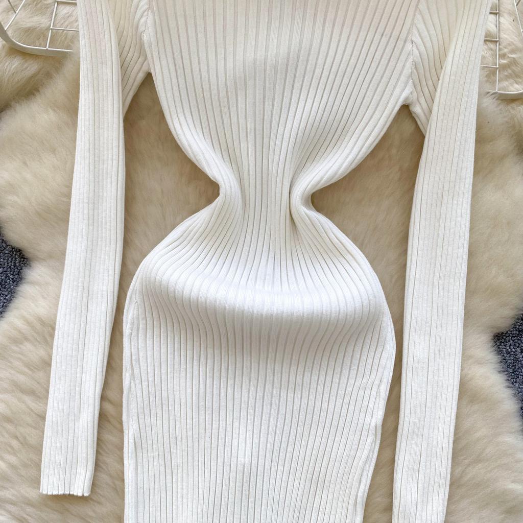 Autumn Winter Women Knitted Dresses 2024 Vintage Patchwork Striped Long Sleeve Bodycon Sexy Chic Long Dress