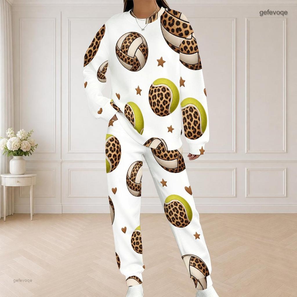 Women Plus Size White Printed Round Neck Long Sleeve Top With Pockets Long Pants Two Piece Set