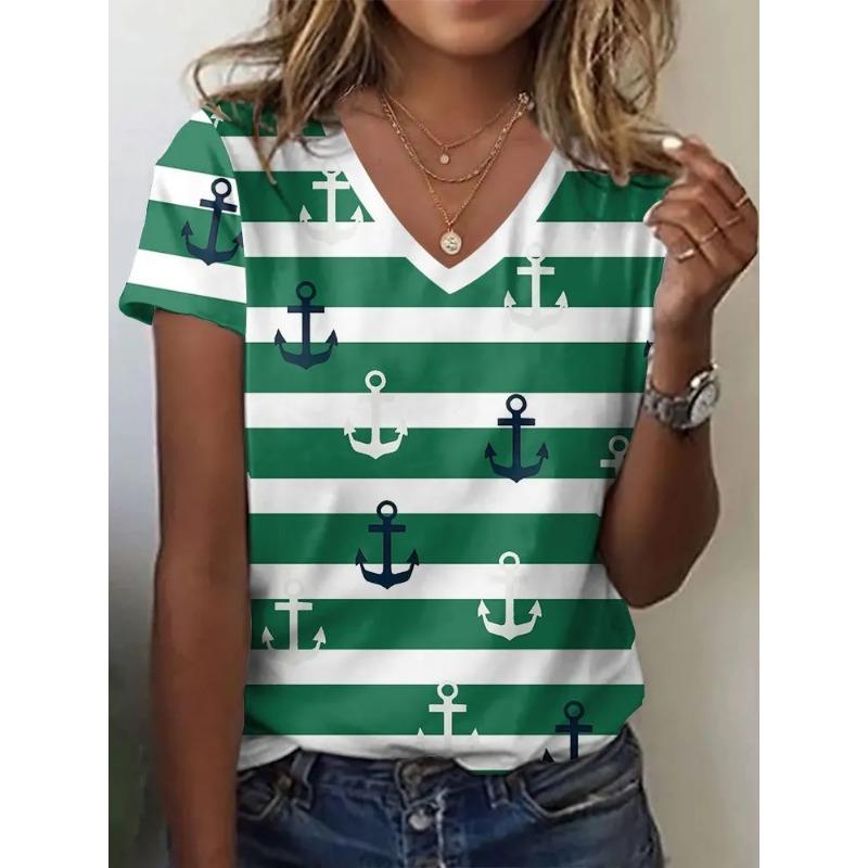Полосатая графическая 3D футболка женская летняя с V-образным вырезом и коротким рукавом, праздничная повседневная футболка, женская уличная одежда, футболка оверсайз