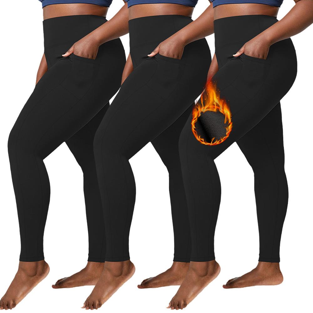 Леггинсы большого размера с карманами и флисовой подкладкой для женщин, верхняя одежда, осенне-зимний стиль, с высокой посадкой, черные зимние флисовые штаны для йоги