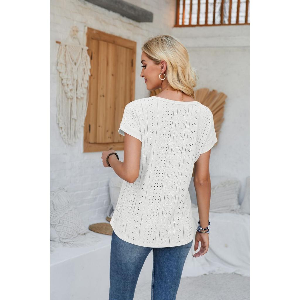 GMXIA Women's Spring Summer Loose Round Neck Eyelet Lace Solid Color T-shirt