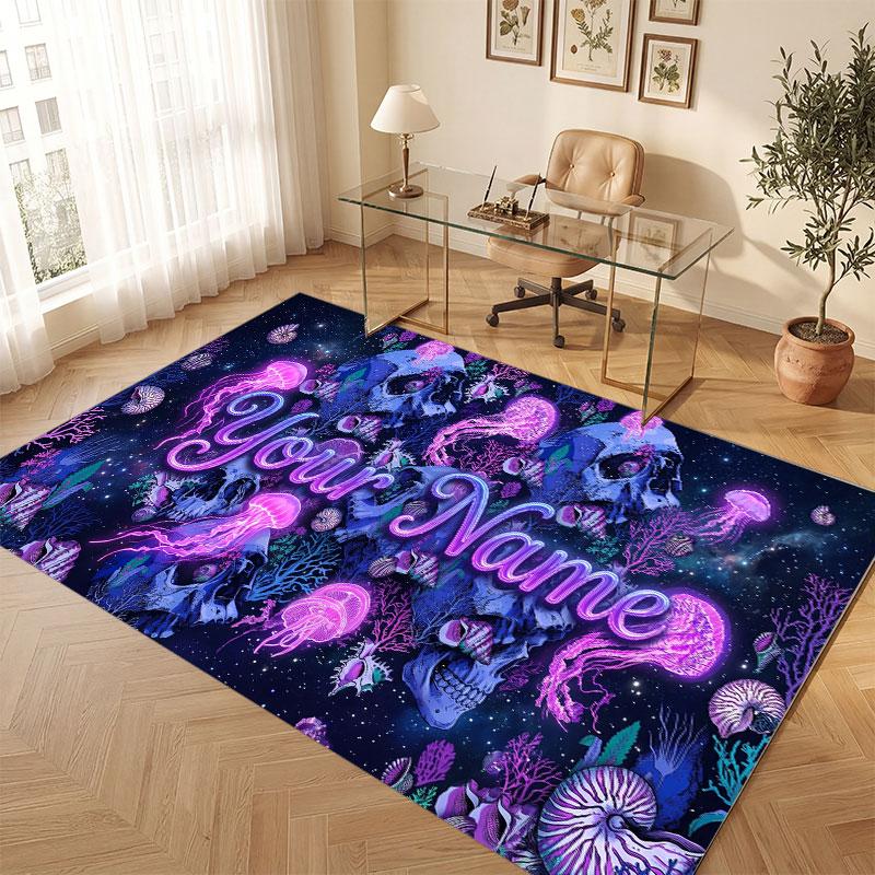 Octopus Sea Life Theme Crystal Velvet Floor Rug Personalized Custom Name Text Warm Carpet Home Decoration