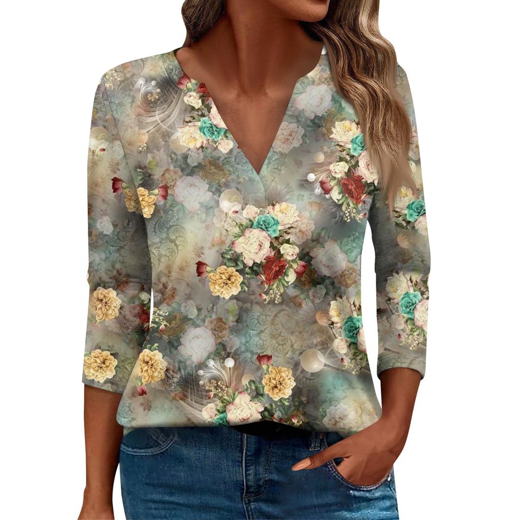 Women's T Shirt Tee Print Button  3/4 Sleeve Daily Weekend Fashion Basic V- Neck Regular Top