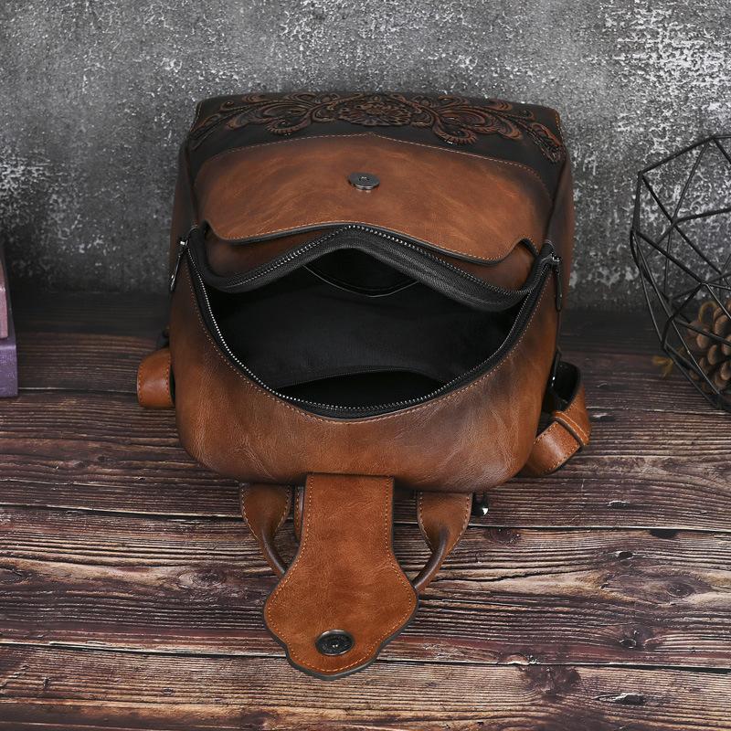 Johnature Embossed Vintage Backpack Versatile Women's Leather Bag Large Capacity Travel Backpacks