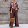 2 Pcs/Set Blouse Pants Suit V Neck Bat Sleeves Baggy Loose Flower Printing
