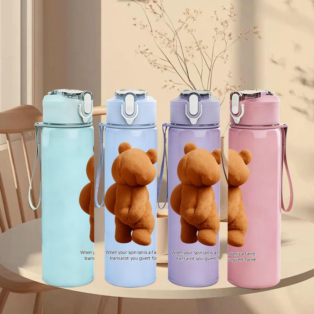 1PC Simple Teddy Bear Figure 750ml Color Plastic Sports Water Bottle Leakproof Flip Straw Lid Suitable for Sports Office Home Use