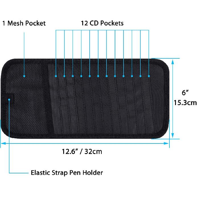 Car CD Case Holder, Wisdompro Vehicle Sun Visor Organizer For Cars With 12 DVD Storage Sleeves, 1 Mesh Pocket, 1 Pen Holder And Elastic Strap, Black