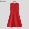 ZANZEA Women Summer Elegant Round Neck Sleeveless Solid Color Waist Dress