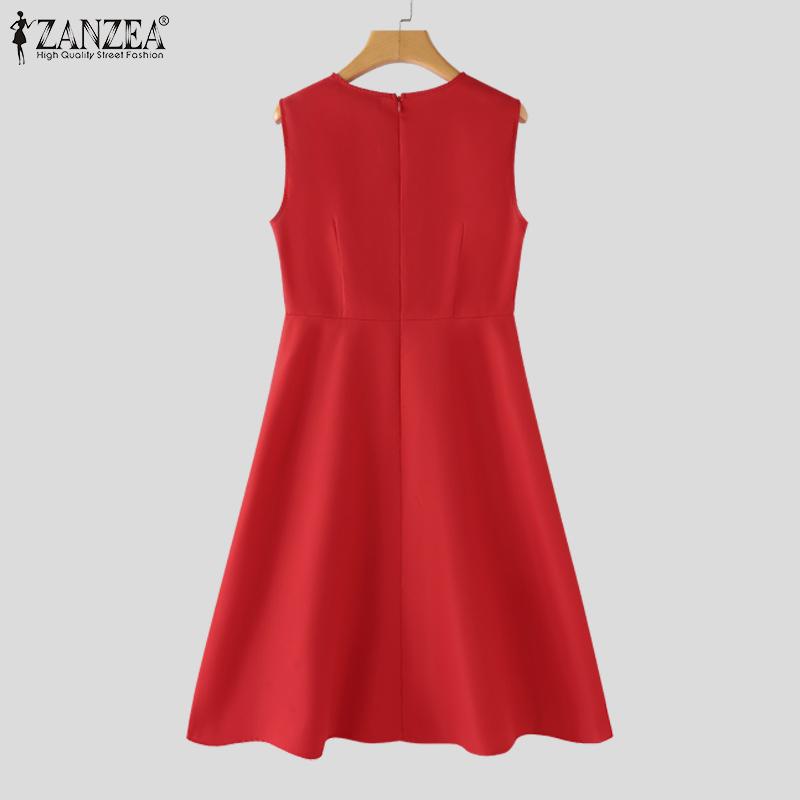 ZANZEA Women Summer Elegant Round Neck Sleeveless Solid Color Waist Dress