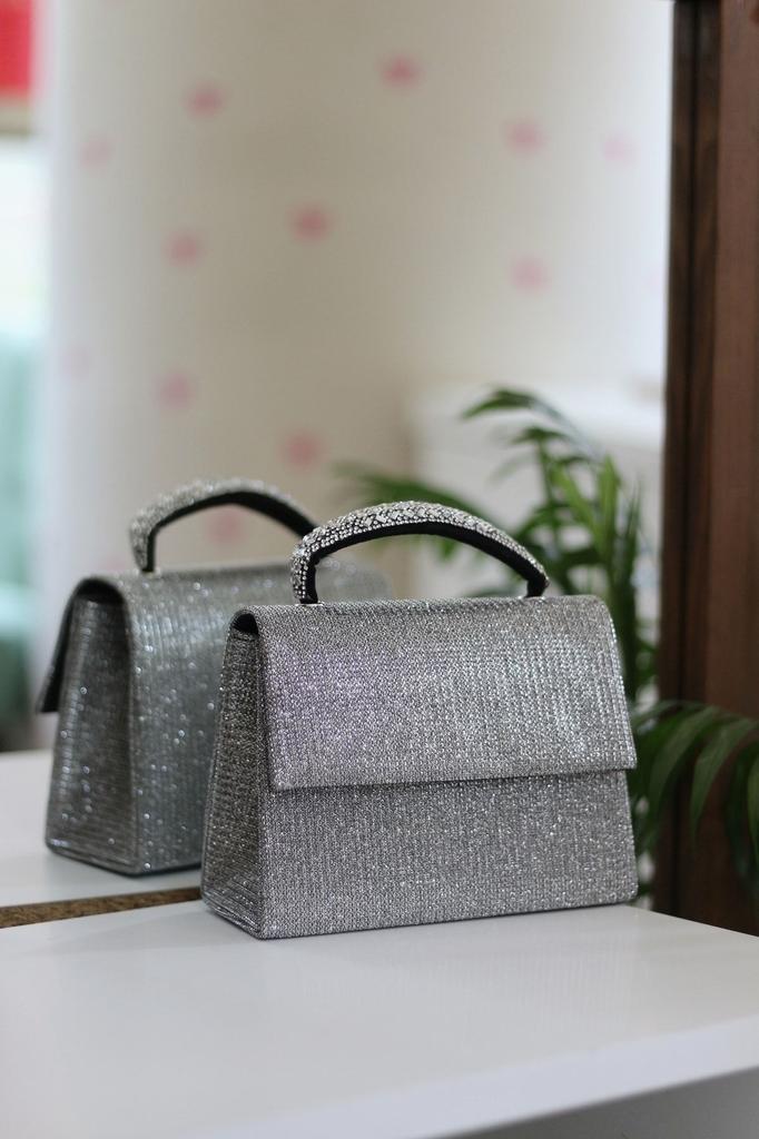 Women's Stylish and Useful Evening Dress Bag Women's Silvery Gold Stone Detailed Evening Dress Shoulder Bag